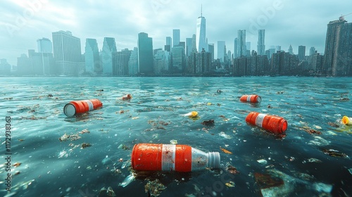 A polluted waterway with floating debris and a city skyline in the background.
