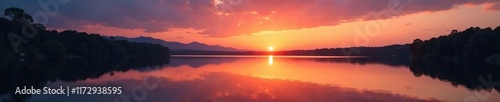 Evening sky reflected in a calm lake with amber capturing sun's last rays, calmness, evening, sun