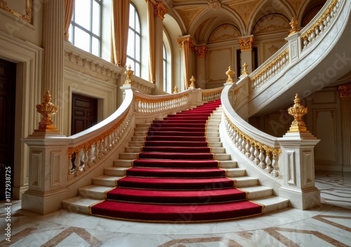 Elegant grand staircase adorned with red carpet in historic building interior
