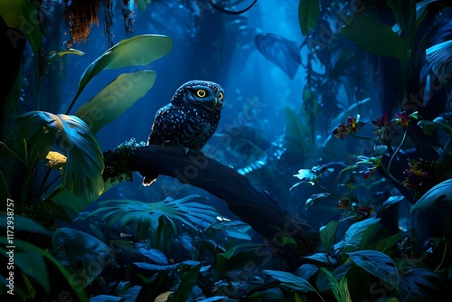 Owl in Jungle at Night: Tropical Mystery photo