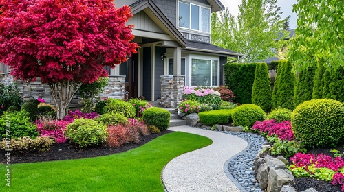 Beautifully landscaped front yard with a mix of shrubs, trees, and seasonal flowers