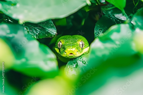 Green Snake Hides in Lush Foliage photo