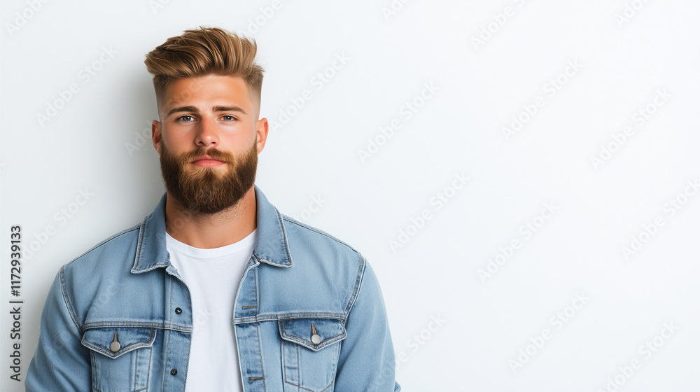 young man with stylish haircut and beard poses against light background, exuding confidence and modern style. young man with stylish haircut and beard poses against light background, exuding confidence and modern style.