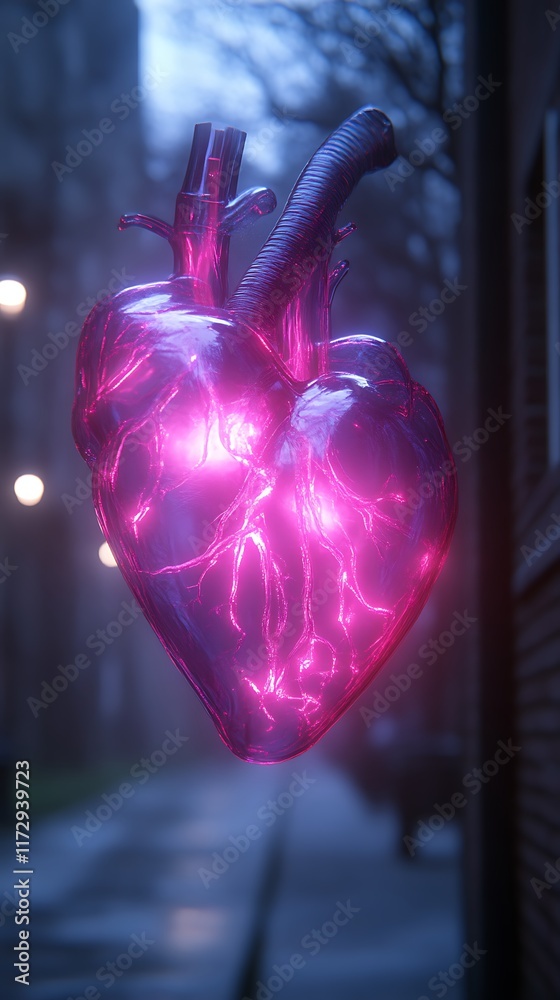Glowing Translucent Human Heart Cityscape Background