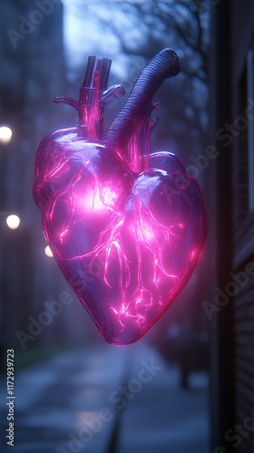 Obraz na płótnie Glowing Translucent Human Heart Cityscape Background w salonie