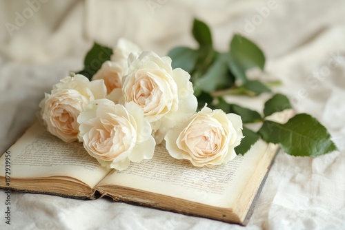 Pale Roses Resting Gently Upon An Antique Book photo