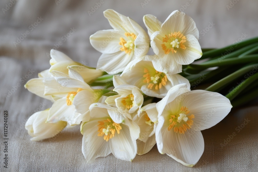 Obraz premium Delicate white flowers rest on a soft beige surface