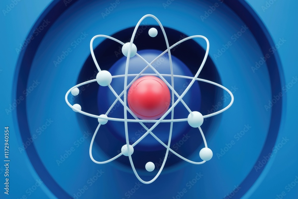A stylized 3D model of an atom with a red nucleus and orbiting electrons, set against a concentric blue circle background. A stylized 3D model of an atom with a red nucleus and orbiting electrons, set against a concentric blue circle background.