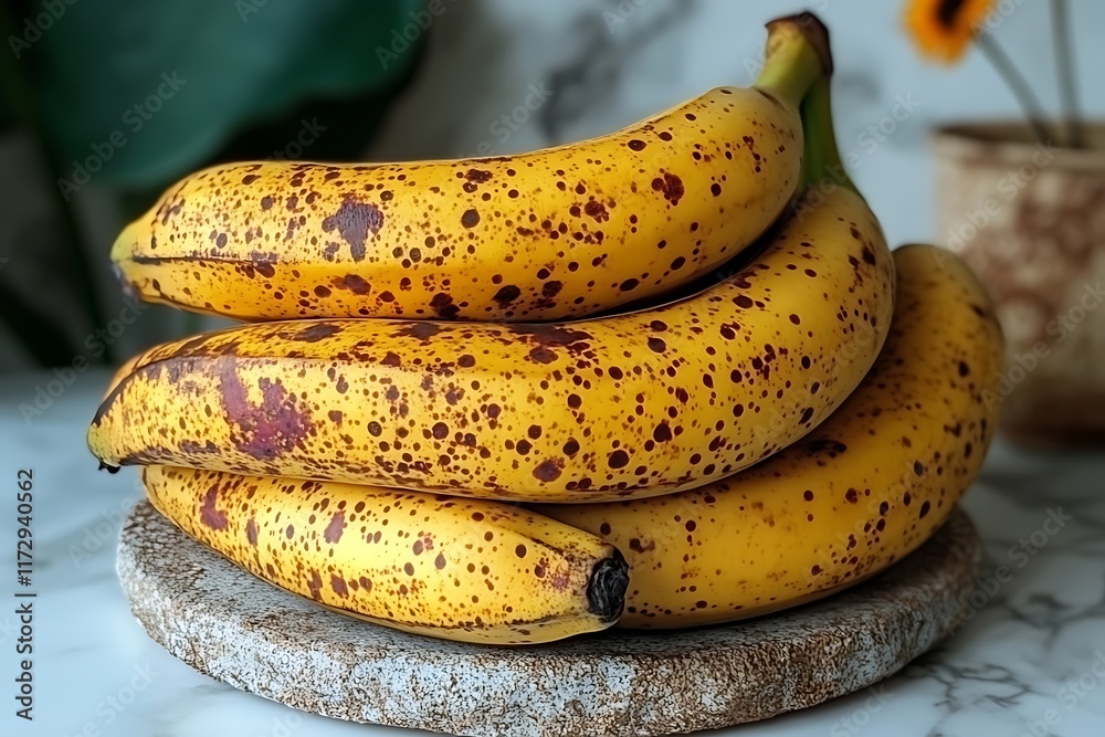 Ripe Bananas with Brown Spots Resting on a Stone Slab Ripe Bananas with Brown Spots Resting on a Stone Slab