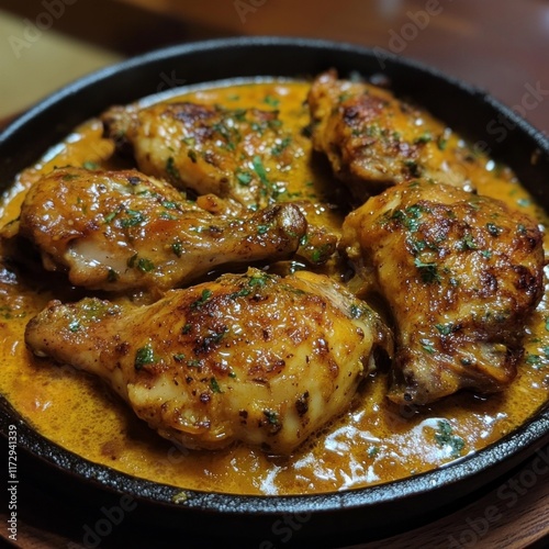 Grilled chicken drumsticks in spicy curry sauce served hot photo