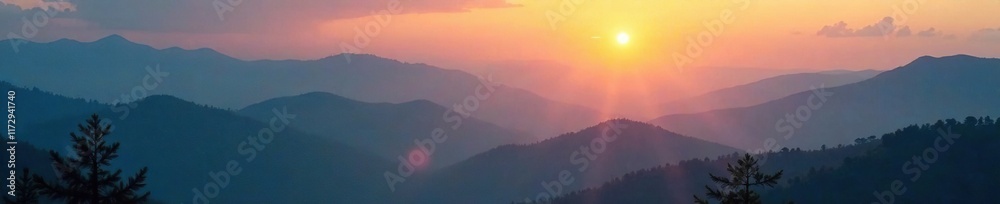 Naklejka premium Rolling hills of misty mountains inside a glowing lightbulb, cloudy, soft focus, serene