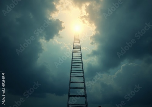 Ladder reaching towards distant clouds and light in a dramatic sky photo