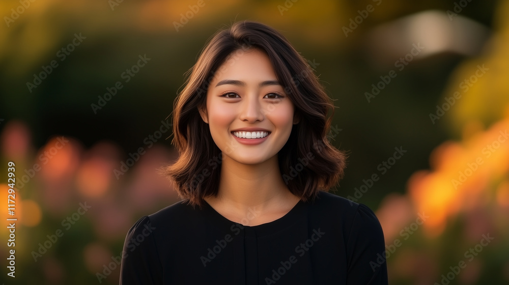 smiling woman with wavy hair stands in garden during sunset, surrounded by flowers. smiling woman with wavy hair stands in garden during sunset, surrounded by flowers.