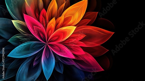 Vibrant colorful abstract flower on black background.