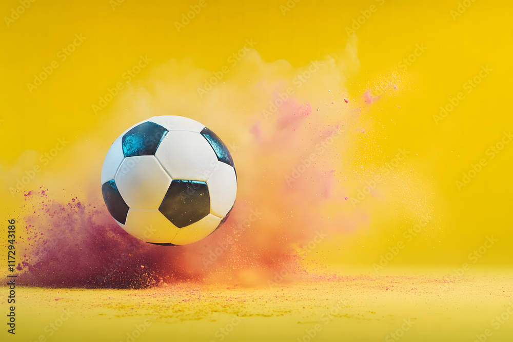 Naklejka premium Soccer Ball with Colorful Powder Explosion on Yellow Background