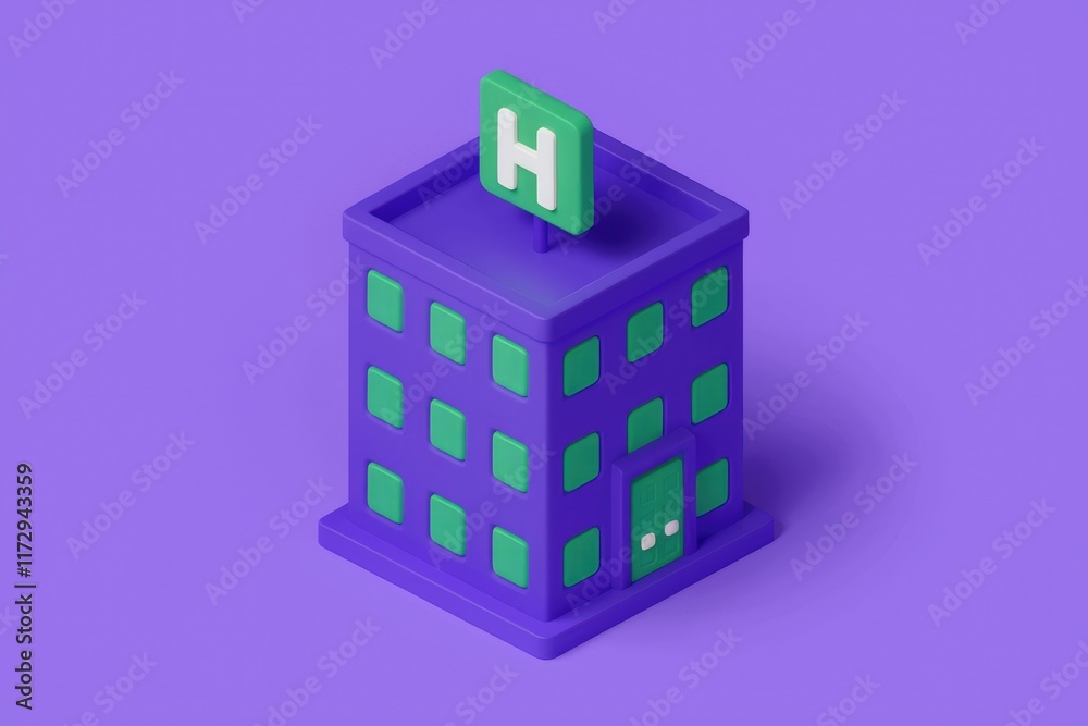 Isometric 3D model of a purple building with a green H sign, representing a hotel.