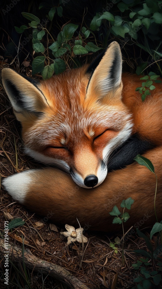 Obraz premium A peaceful fox nestles comfortably among the foliage, embodying tranquility in nature.