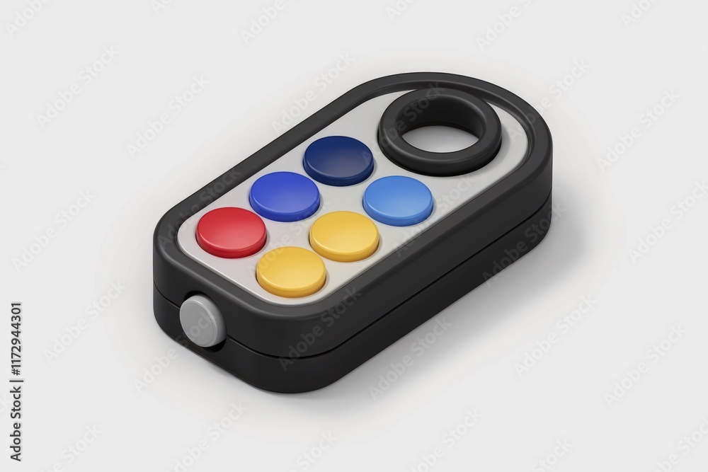 A black handheld device with six colorful buttons and a ring, possibly a toy or controller. A black handheld device with six colorful buttons and a ring, possibly a toy or controller.