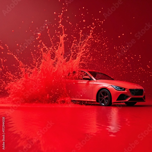 red car in water splash 