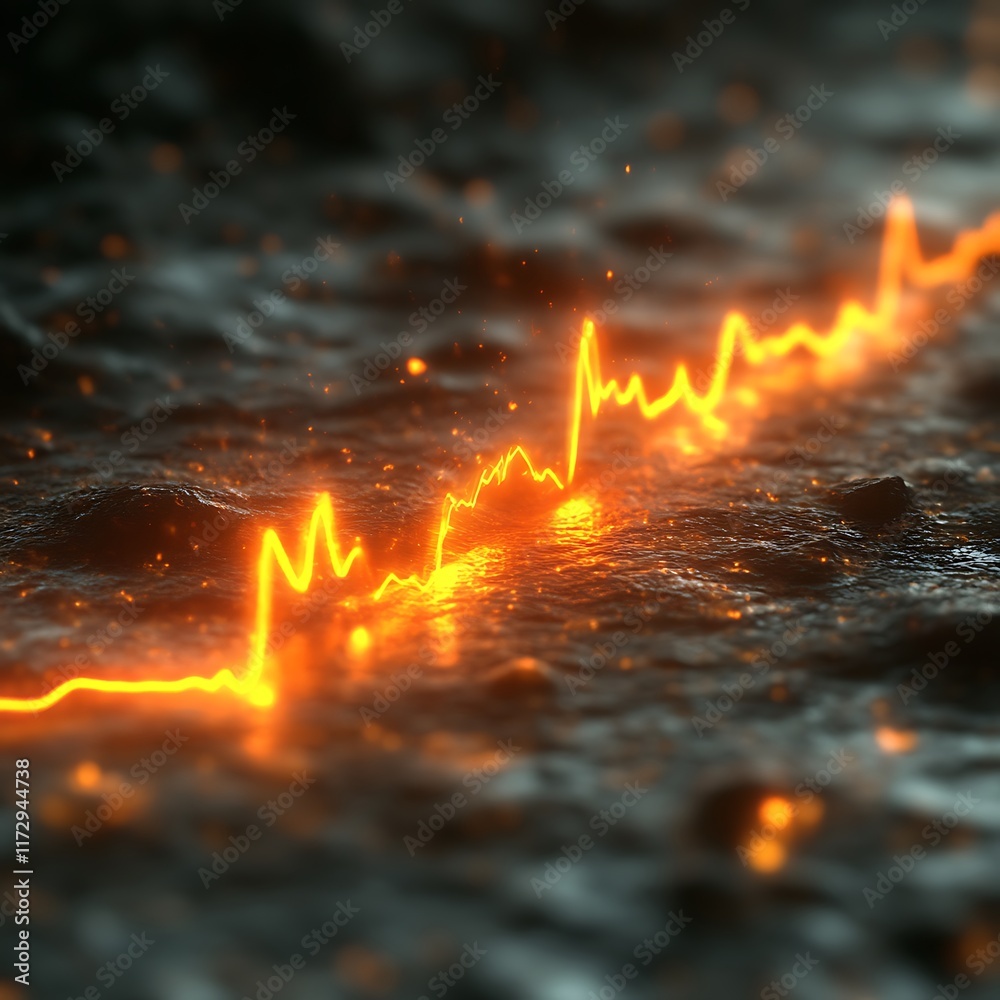Fiery energy pulses across dark textured surface