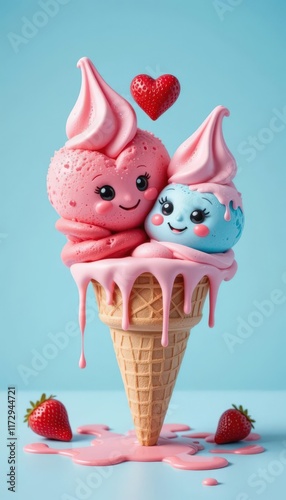 Cartoon-style ice cream cone with smiling scoops and strawberry heart on blue background.