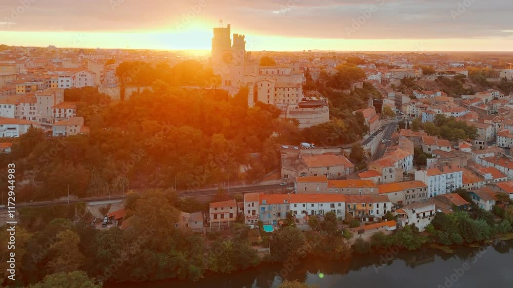 Aerial view of the historic Beziers Cathedral at sunrise, France.