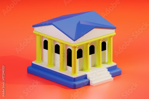 A stylized 3D model of a classical temple, showcasing vibrant colors and simple geometry. photo