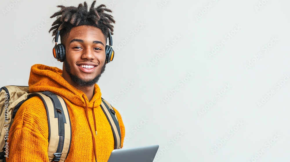 Cheerful young man enjoying music and studying. Cheerful young man enjoying music and studying.