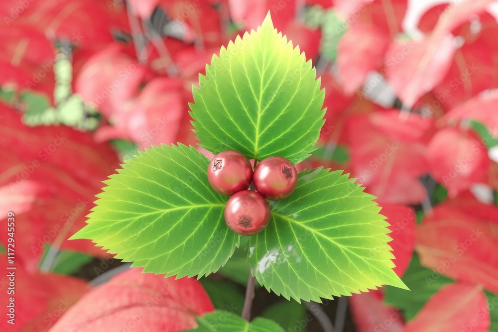 Three glossy red berries nestled on vibrant green leaves against a backdrop of blurred red foliage. Three glossy red berries nestled on vibrant green leaves against a backdrop of blurred red foliage.