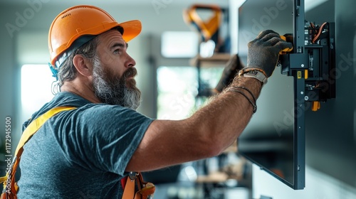 Skilled Worker Installing TV Wall Bracket in Modern Living Room