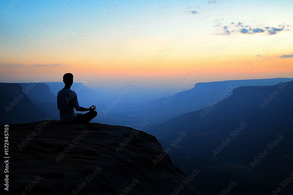 Person meditating on a mountaintop, overlooking a vast valley at dawn. Generative AI Person meditating on a mountaintop, overlooking a vast valley at dawn. Generative AI