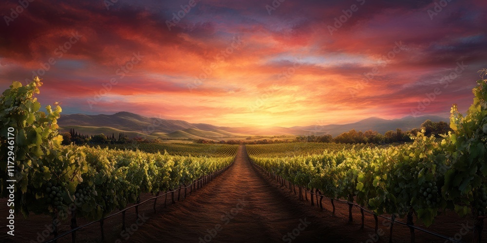 Naklejka premium A picturesque vineyard bathed in warm hues as the sun sets, casting a tranquil glow over the lush green vines and rolling hills in the background.