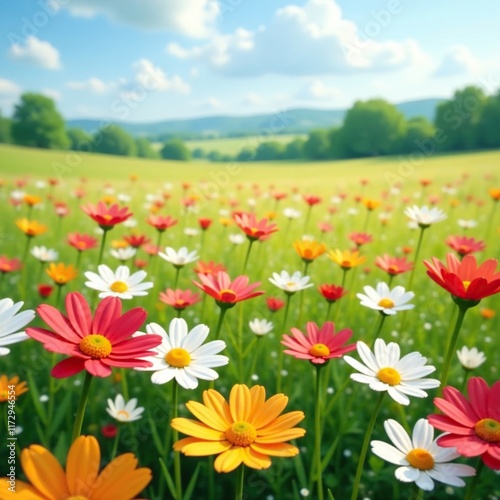 A field of colorful daisies swaying gently in the wind, peaceful, field, whimsical photo