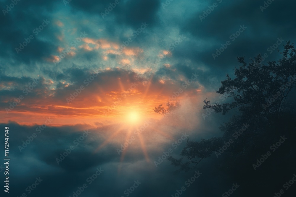 Fototapeta premium Dramatic Sunset Over Foggy Landscape With Silhouette Tree