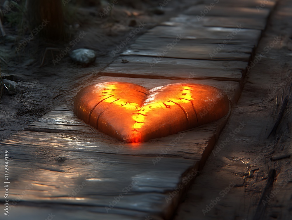 Glowing Stone Heart Mends On Wooden Path