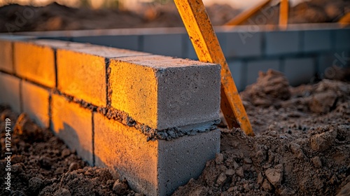 Precision Construction: High-Resolution Image of Aligned Cinderblock Walls with Smooth Cement Finishes at a Construction Site