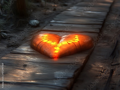 Obraz na płótnie Glowing Stone Heart Mends On Wooden Path w salonie