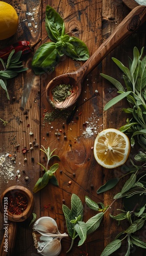 A captivating overhead view of fresh ingredients and a wooden spoon on rustic tabletop