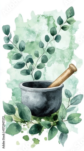 Watercolor painting of a mortar and pestle with eucalyptus leaves.