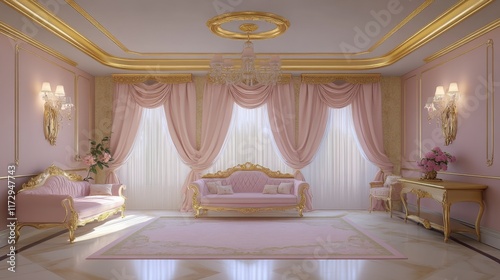 A cozy and elegant princess living room featuring plush rugs, pastel upholstery, and golden accents.
