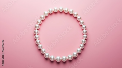 Pearl necklace arranged in a circle, soft pink backdrop