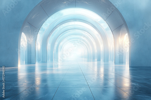 Light at End of Archway Hall with Reflective Floor and Sky Background
