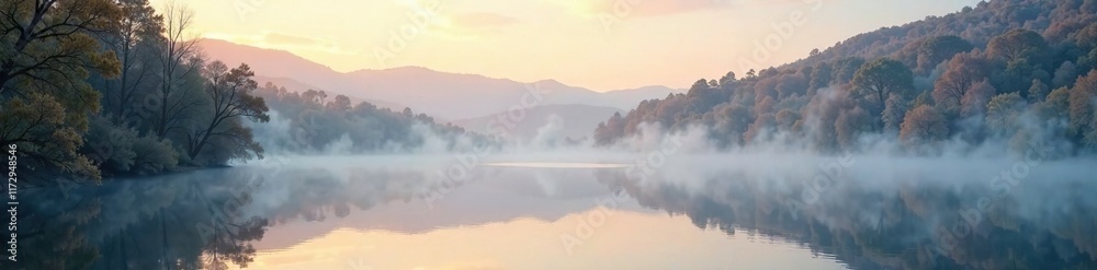 Fototapeta premium Calm and peaceful morning scene over a misty lake, lake, peaceful, mist