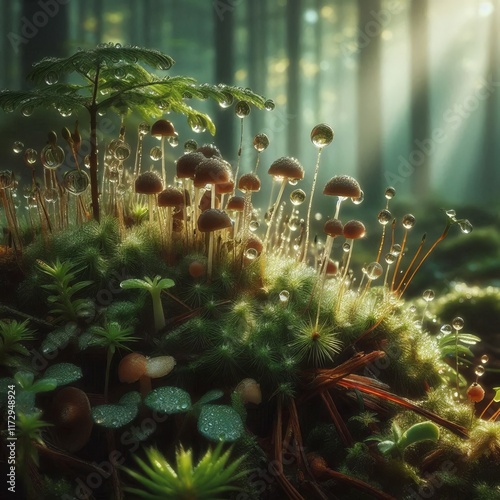 A serene forest scene with dew-covered mushrooms and ferns illuminated by soft sunlight, showcasing nature's delicate beauty photo