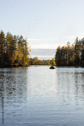 Sunny autumn lake view. Yellow fall foliage. photo