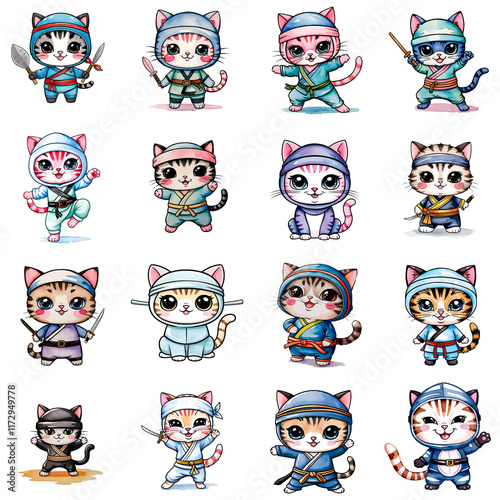 A group of adorable cats dressed as ninjas showcases different martial arts poses and expressions. Each cat wears unique colors and accessories, creating a fun and playful atmosphere. generative ai photo