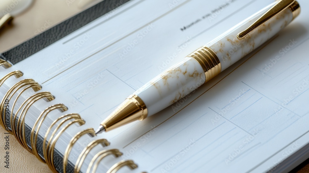 A detailed view of a pen with a gold trim placed on top of a planner, suggesting efficiency and organization. A detailed view of a pen with a gold trim placed on top of a planner, suggesting efficiency and organization.