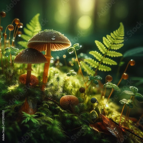 A serene forest scene with dew-covered mushrooms and ferns illuminated by soft sunlight, showcasing nature's delicate beauty photo