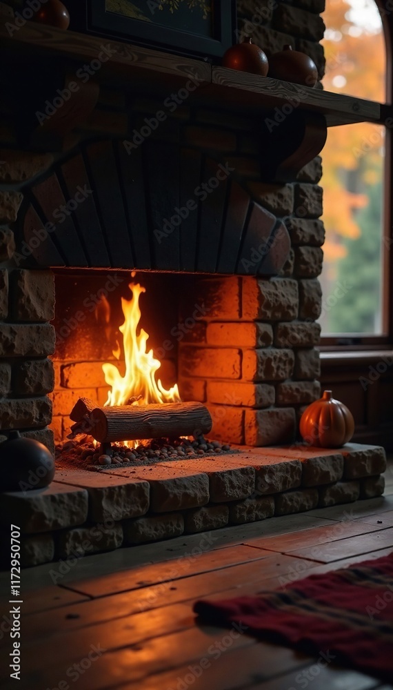 Flickering flame in fireplace with warm golden light, cabin, warmth, snug Flickering flame in fireplace with warm golden light, cabin, warmth, snug