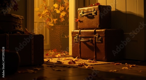 Cozy attic storage, warm golden light, stacked vintage suitcases, old books, antique objects, dusty ambiance, nostalgic atmosphere, wooden floorboards, soft shadows, cinematic lighting, hidden treasur photo